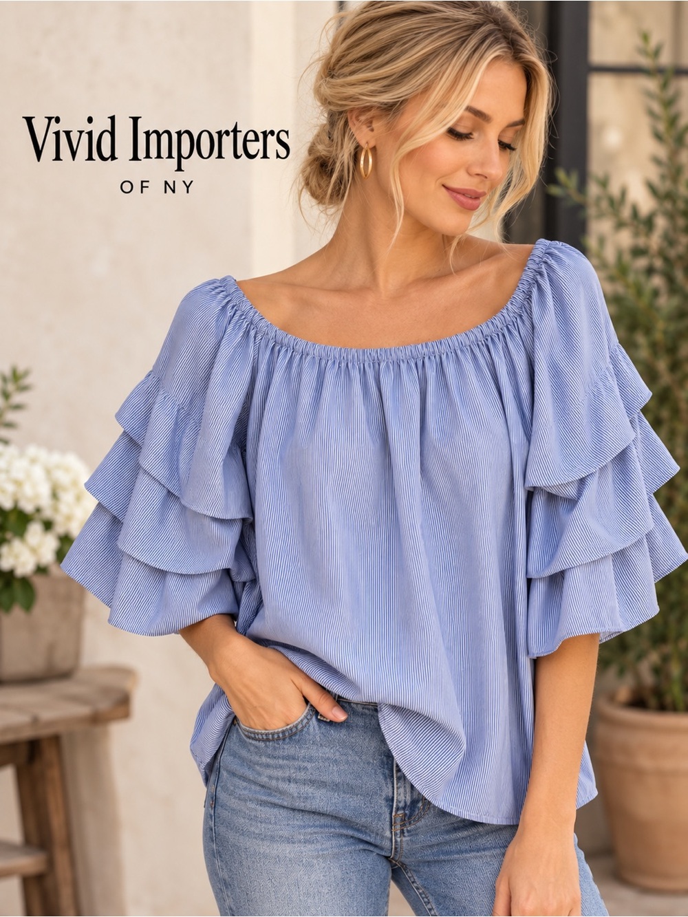 Tiered Ruffle Off-Shoulder Blouse in Sky Blue